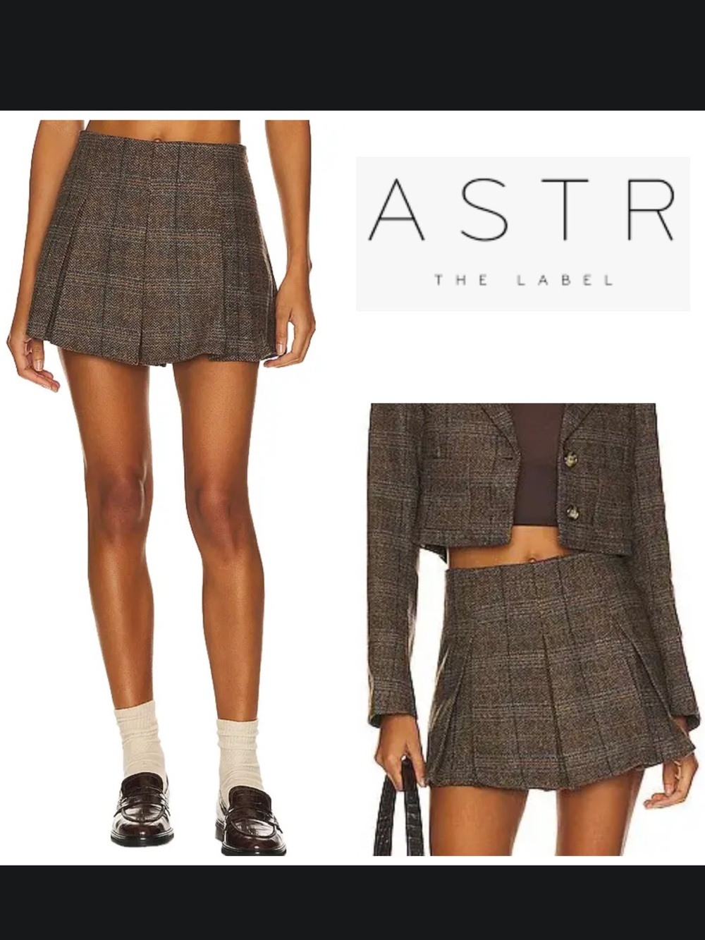 Astr the Label Plaid Pleated Mini Skirt in Brown and Blue Wool